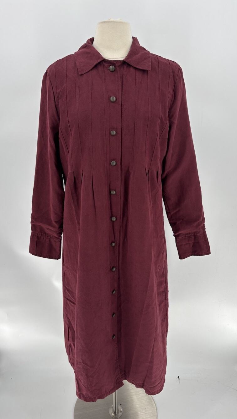 Vermont Country Store L Burgundy Pintuck Button Front Midi Shirt Dress Academia
